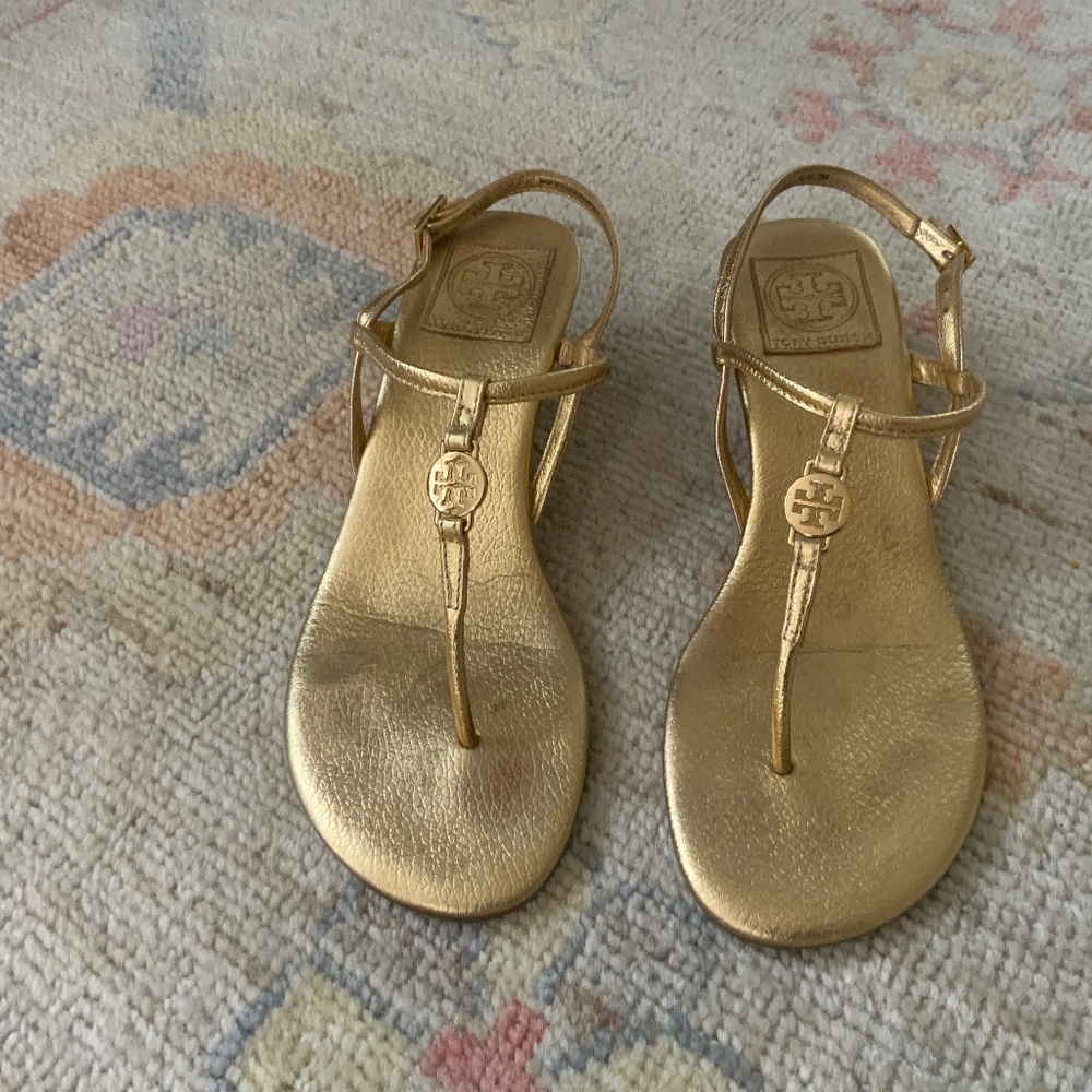 Tory Burch Gold Metallic T-Strap Sandals